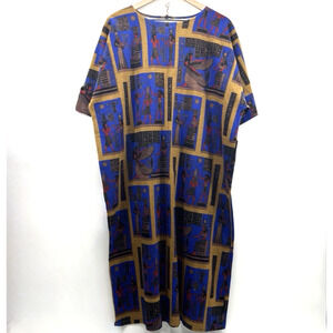 Vintage CH Group Egyptian Print Kaftan Dress Blue Gold Hieroglyphics One Sz USA